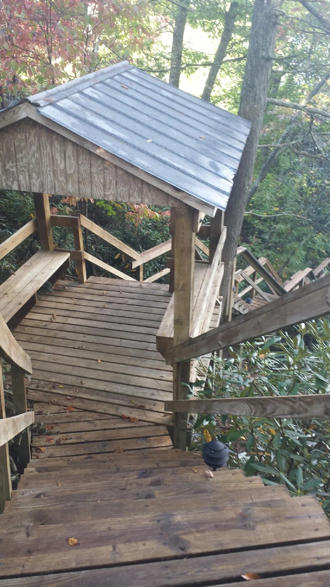 Metal roofed shelter over wooden steps on a wooded walkway — Skylight Repair & Installation work by our crew in Bottineau